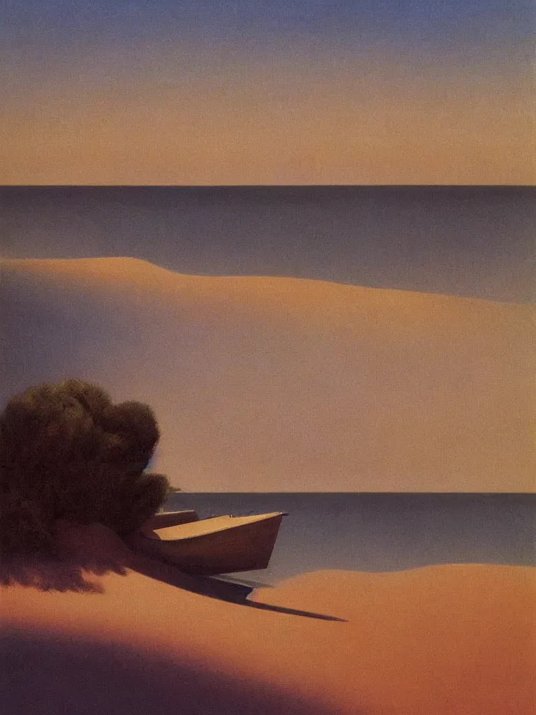 Prompt: a vintage neo retro poster of a boat in first plan floating on stylized water in bassin d'arcachon a sand dune in background surronded by the sky, australian tonalism, pale gradients design, matte drawing, clean and simple design, outrun color palette. Painting by Morandi, Agnes Pelton