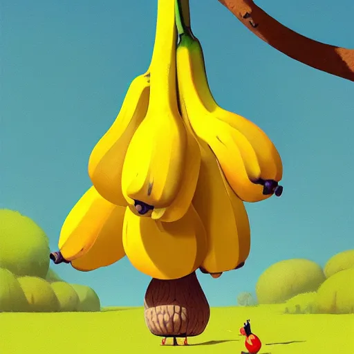 Image similar to goro fujita ilustration yellow bananas hanging from a tree, painting by goro fujita, sharp focus, highly detailed, artstation