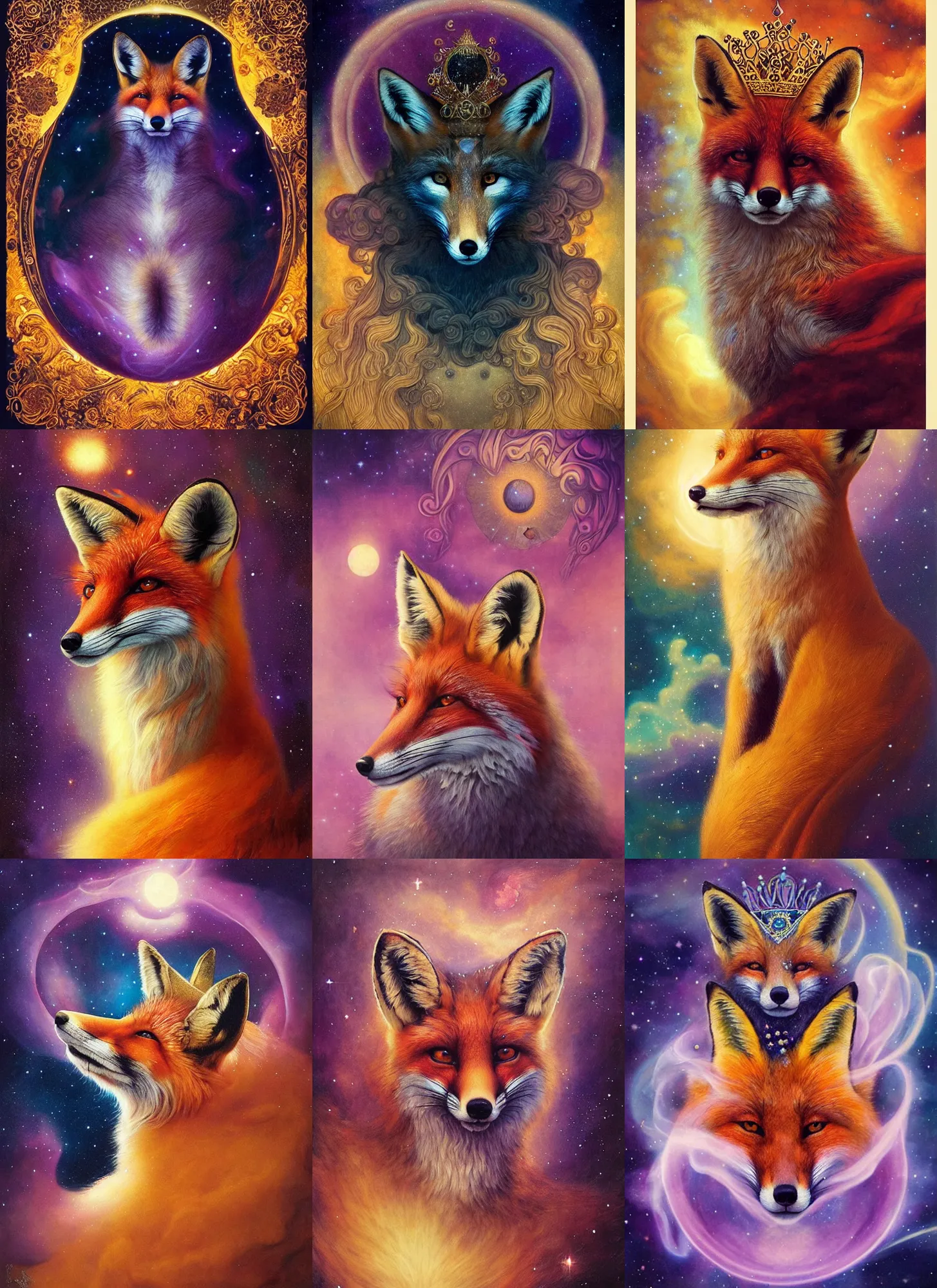 Prompt: “ a majestic portrait of an fox wearing a crown in the moonlight, swirling nebula in the background, titian, tom bagshaw, yanjun chengt, maxfield parrish, gustav klimt, highly detailed, intricate ornamental flourishes, orange purple and gold ”