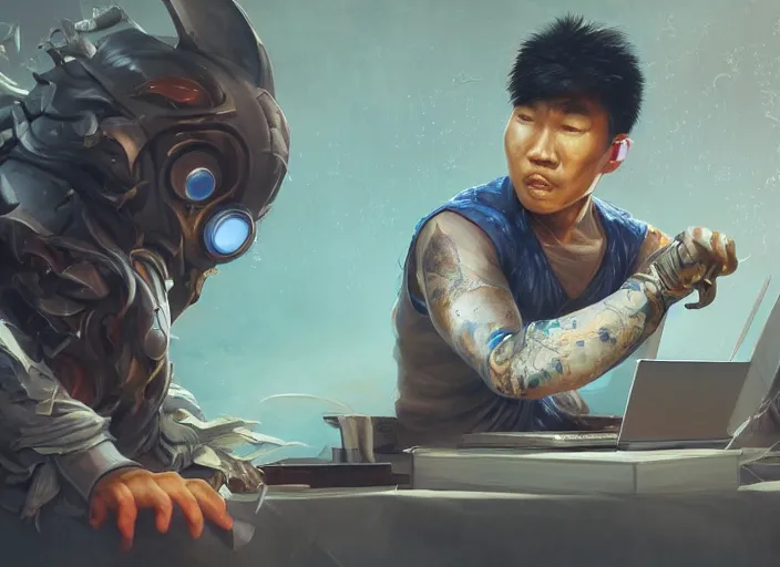 Image similar to an insanely detailed painting of an asian man wearing a homemade superhero costume, sitting at a desk, staring seriously at the computer and typing, in the style of peter mohrbacher, james jean, ruan jia, dramatic lighting and composition, surreal background, octane render, pixar, trending on artstation, concept art, comic book, view from behind, 8 k