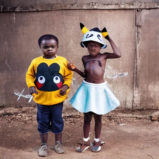 Prompt: a small african boy and an girl wearing a pikachu costume, movie still from tank girl, wide angle shot, ultra detailed, portrait, in the style of studio ghibli and roger ballen,