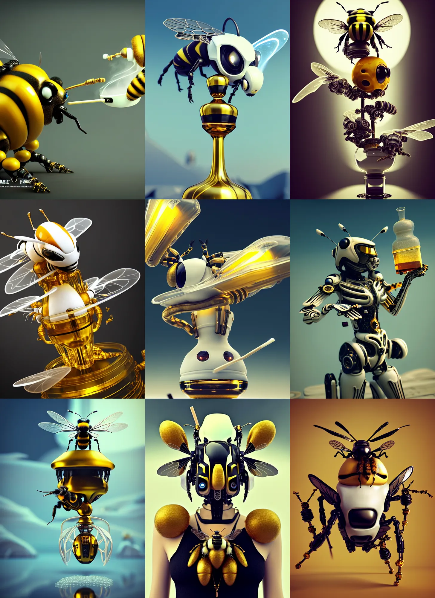 Prompt: white drone bumblebee edm cyborg smoking elaborate honey bong | ornate jewelry | glamorous oily soft polished rich enticing ornate modern | weta disney pixar movie still photo | hi - fructose, sci fi fantasy, golden ratio details, smooth, octane render, sharp focus, artstation, concept art | beeple, feng zhu, mucha, rutkowski |