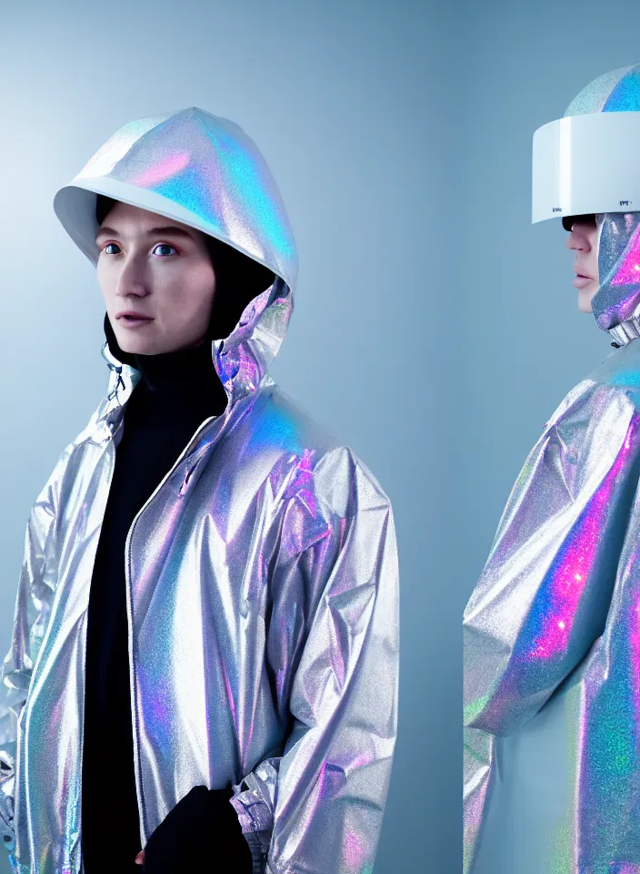 Image similar to an ultra high definition professional studio quality portrait photograph of a silver skinned android influencer wearing a transparent iridescent pastel coloured visor and matching wavey raincoat on white hook in a sheer icelandic black rock environment. three point light. dramatic lighting. volumetric shadows. light rays