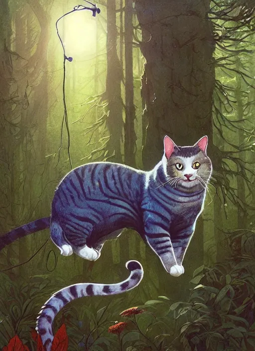 Prompt: a hyper realistic illustrated cat with happy lighting playing in the woods gorgeous lighting, sunbeams blue sky, lush forest foliage painting by chiara bautista and beksinski and norman rockwell and greg rutkowski weta studio, and lucasfilm