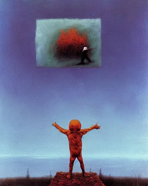 Prompt: early color photo of a scared boy flying in sky, Beksinski painting, part by Adrian Ghenie and Gerhard Richter