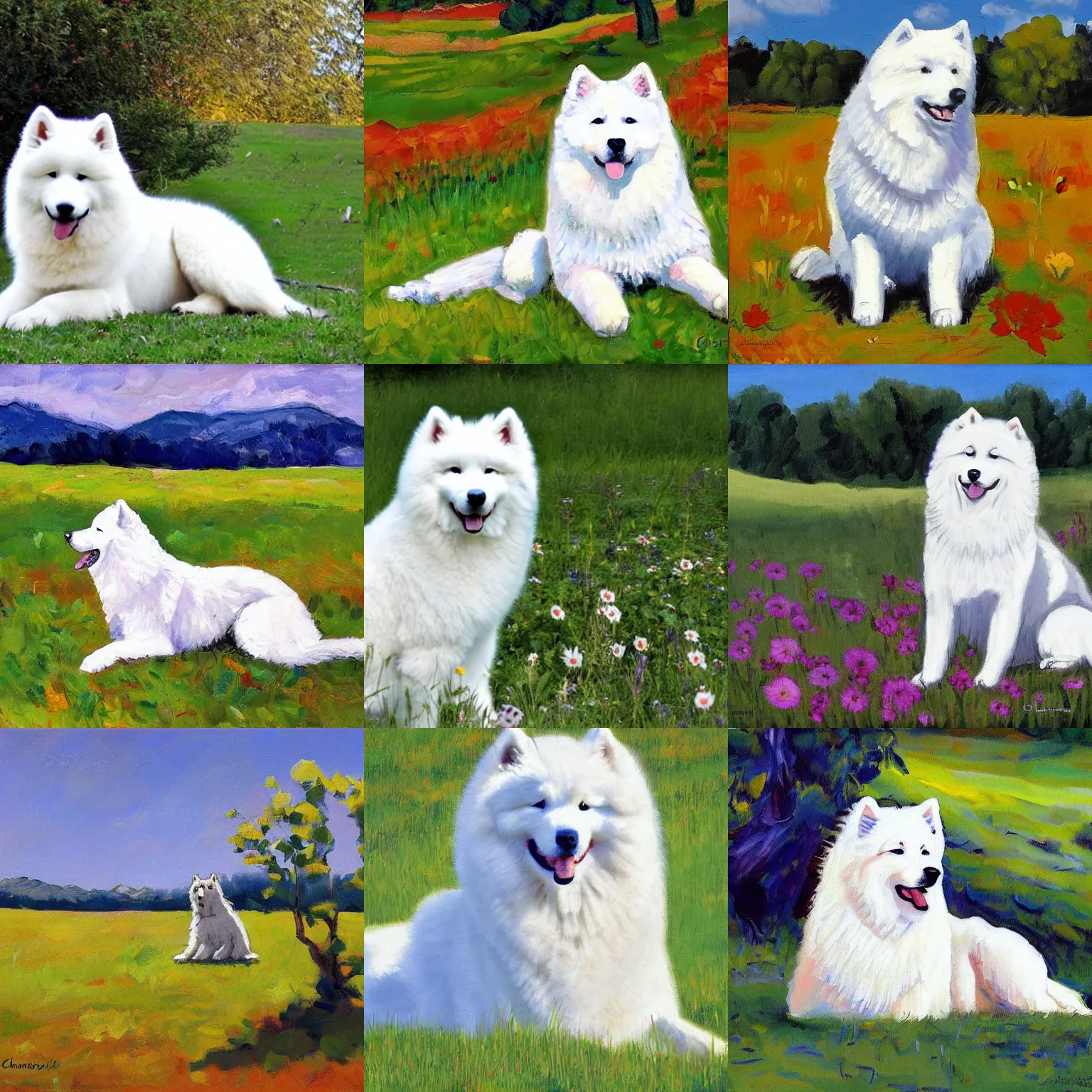 Prompt: a samoyed dog sitting in the middle of sunny meadow, by charles camoin