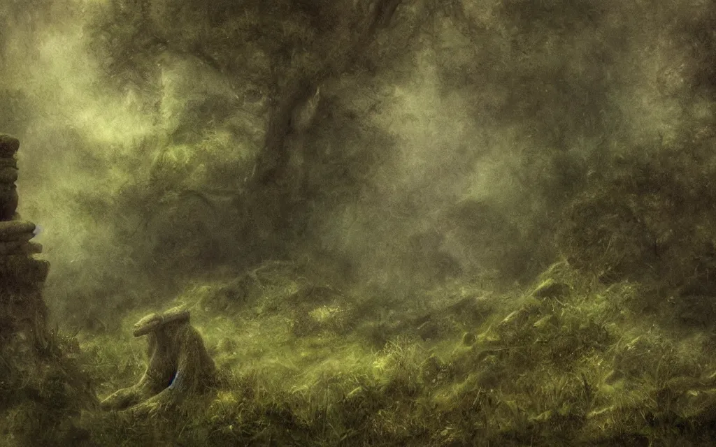 Prompt: the sleeping stone prince submerged in shadow and mist overgrown garden (melancholy), exquisite painting, moody colors chromatic aberration