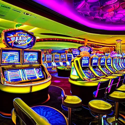 Image similar to Inside the giant fish’s teethy mouth was an opulent vegas casino of slot machines!