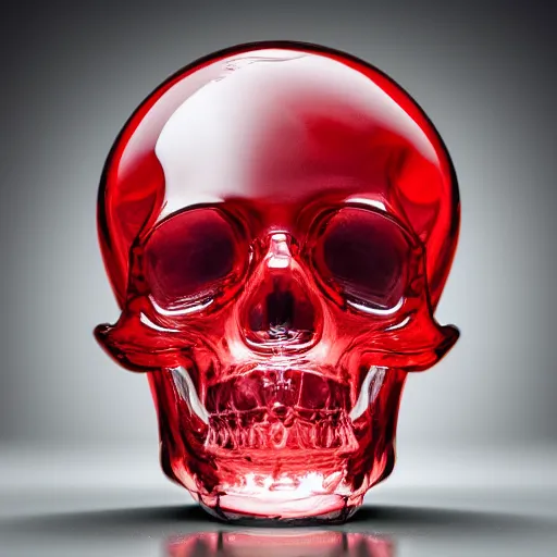 Prompt: transparent half filled with turbulent red liquid inside in a leaking transparent skull