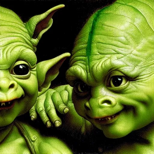 Image similar to close up portrait of two small green goblins extremely excited to show you something behind them, oil painting, high detail, dark lighting, atmospheric, extremely detailed, intricate, da vinci, michelangelo, caravaggio, hans holbein, raphael, donatello, 8 k