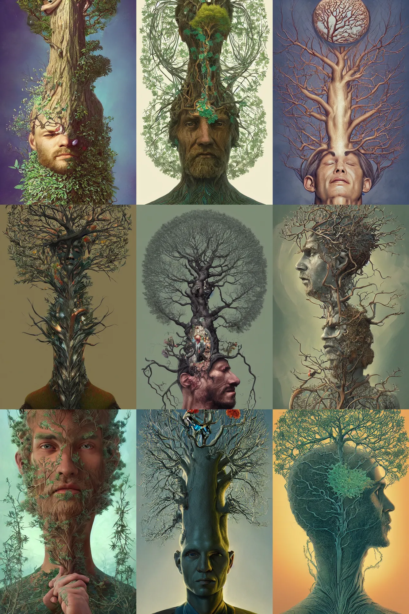 Image similar to A man with a tree growing out of the top of the head, art deco design, by Mandy Jurgens and Warhol, Ernst Haeckel, James Jean, artstation, concept art