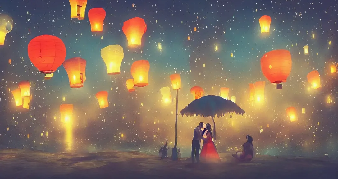 Prompt: mystical scene, floating lanterns, artstation, digital art, a couple kissing on the ground, a hot air balloon in the middle, neon lights, dramatic, detailed, stars glowing on sides