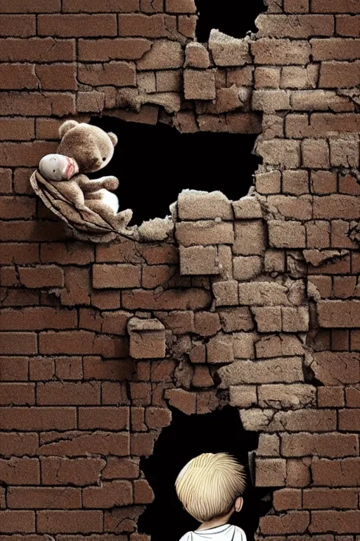 Image similar to giant crack hole on the brick concrete wall, child with dirty face watching from inside the crack reaching towards camera hand is holding a dirty ealistic teddybear. gloomy, intricate, elegant, highly detailed, digital painting, artstation, concept art, addiction, chains, smooth, sharp focus, illustration, art by ilja repin