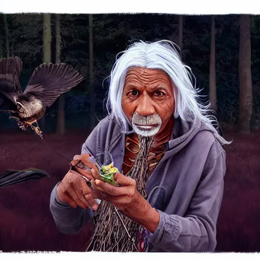 Image similar to n elderly indian don juan is sitting in a field with peyote and smoking a pipe, a raven walks next to him, by miho hirano, ross tran and ilya kuvshinov, realistic, detailed, beautiful fantasy detailed trending on artstation, oil painting, dramatic lighting, eterea, high quality print, fine art with subtle redshift rendering