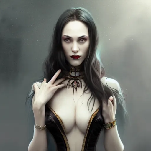 Image similar to perfectly - centered - portrait - photograph of evil vampire, the perfect human female specimen, intricate, elegant, super highly detailed, professional digital painting, artstation, concept art, smooth, sharp focus, no blur, no dof, extreme illustration, unreal engine 5, 8 k, art by artgerm and greg rutkowski and alphonse mucha loish and wlop