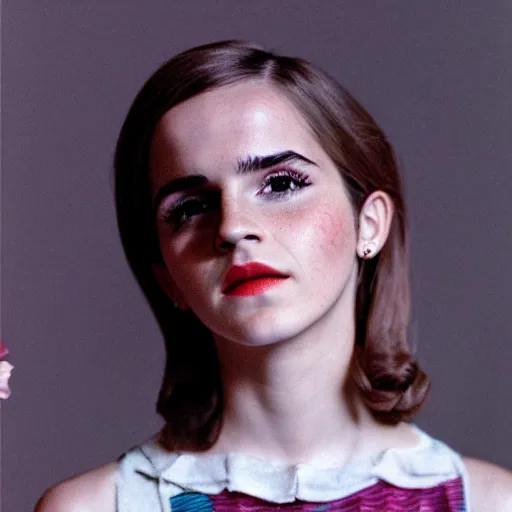 Image similar to Retro color photography 1960s fashion photoshoot of Emma Watson portrait Cinestill 800T, 1/2 pro mist filter, and 65mm 1.5x anamorphic lens