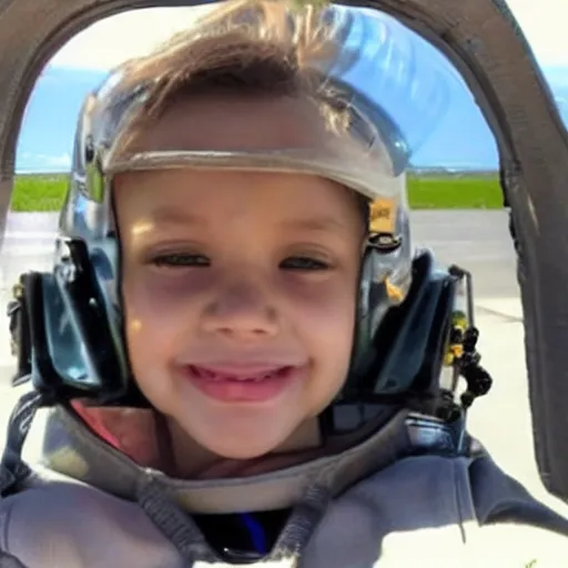 Prompt: Selfie of child joyriding in stolen fighter jet