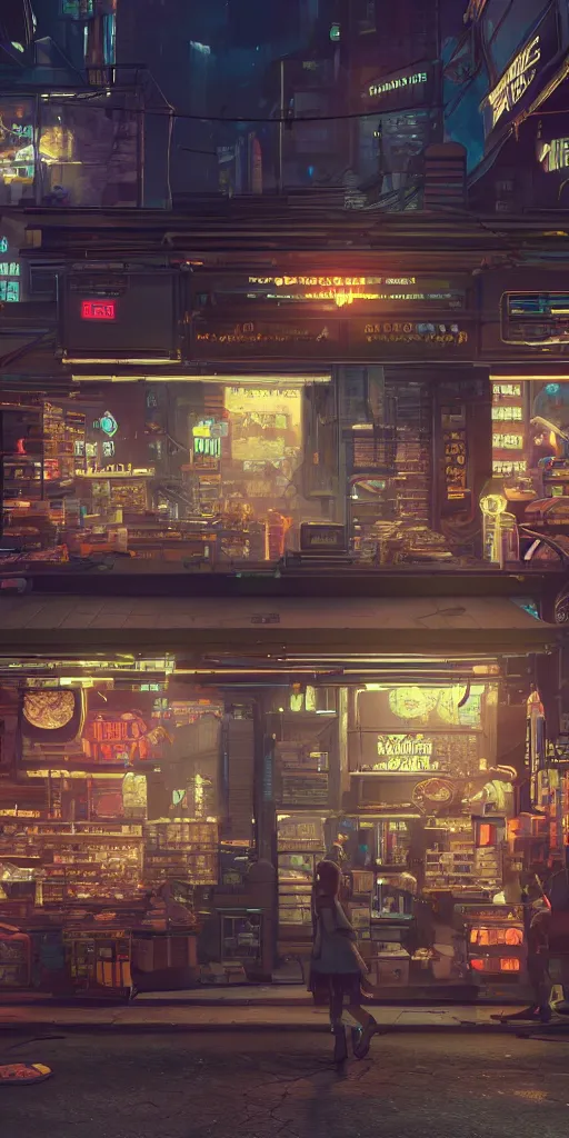 Prompt: a cinematic keyframe of a cyberpunk city shop at night, highly detailed, sharp focus, unreal engine highly rendered, radiant light