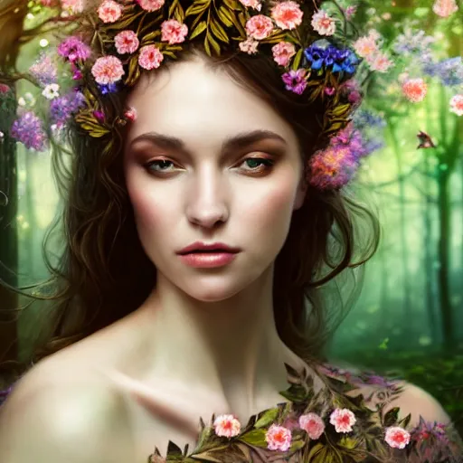 Image similar to a picture of a beautiful woman clothed in flowers and leaves standing in an enchanted forest, high fantasy, elegant, epic, detailed, intricate, digital painting, concept art, realistic detailed face, smooth, focus, rim light, detailed 8 5 mm f / 1. 4, anamorphic lens,