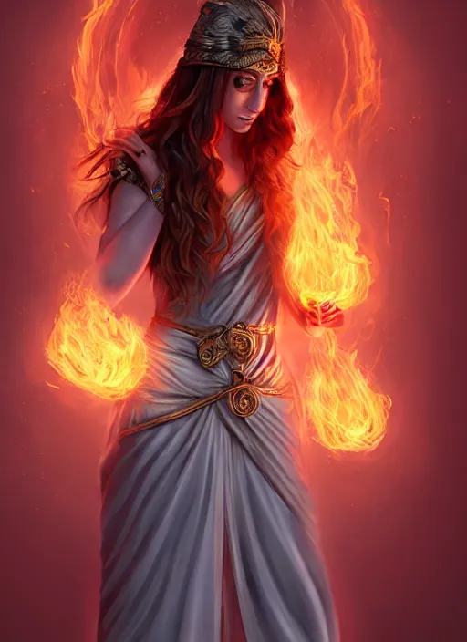 Prompt: Beautiful priestess from the oracle of Delphi, looking into the flames, greek mythology, high face detail, full body, digital art, trending on artstation, dramatic lighting