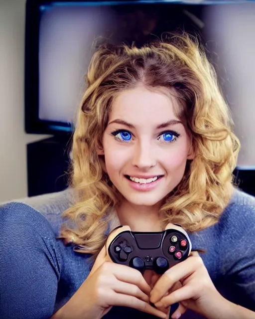 Image similar to a cute beautiful blonde woman with blue eyes playing game, holding controller, watching television displaying call of duty, intricate detail, cinematic composition