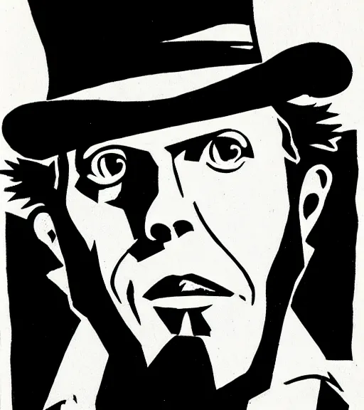 Image similar to portrait of Tom Waits artwork created by Mike Mignola, shaded ink illustration