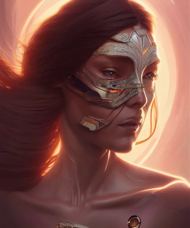 Image similar to futuristic woman portrait, sci-fi, amber eyes, face, long hair, fantasy, intricate, elegant, highly detailed, digital painting, artstation, concept art, smooth, sharp focus, illustration, art by artgerm and greg rutkowski and alphonse mucha