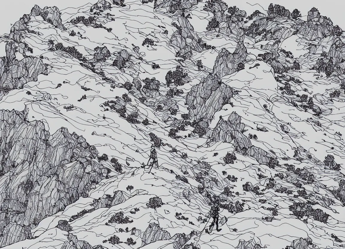 Image similar to backpacker standing on ridgeline in utah, minimalist line art by moebius, clean long lines, ultra detailed