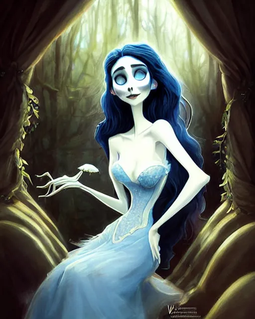 Image similar to elegant mysterious gracious undead victoria everglot from the corpse bride, portrait, illustration, the land of the death, piano in victorian front hall scene, rim light, top light, summer clear blue sky, perfectly shaded, soft painting, art by krenz cushart and wenjun lin