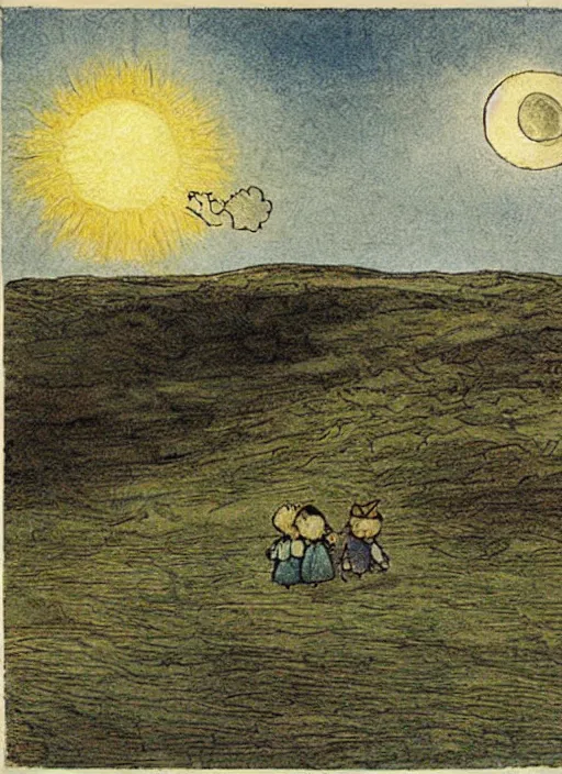 Image similar to sky split in 2, one part is sun, one part is moon, surrounded by light clouds, landscape, illustrated by peggy fortnum and beatrix potter and sir john tenniel