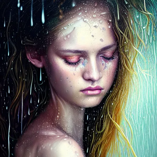 Image similar to professional portrait of girl in psychedelic rain with wet hair and face, fantasy, intricate, elegant, dramatic lighting, intense emotion, highly detailed, lifelike, photorealistic, digital painting, artstation, concept art, smooth, sharp focus, illustration, art by John Collier and Albert Aublet and Krenz Cushart and Artem Demura and Alphonse Mucha