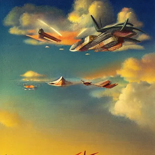 Prompt: flying city in the clouds, romanticism artwork