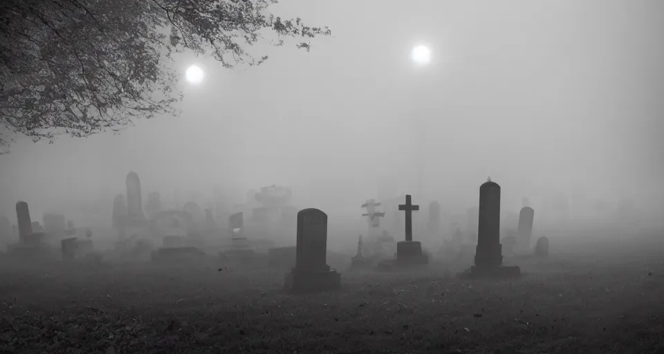 Image similar to Cinematic still of creepy cemetery by the river thames at night, thick mist fills the ground, directed by Wes Craven