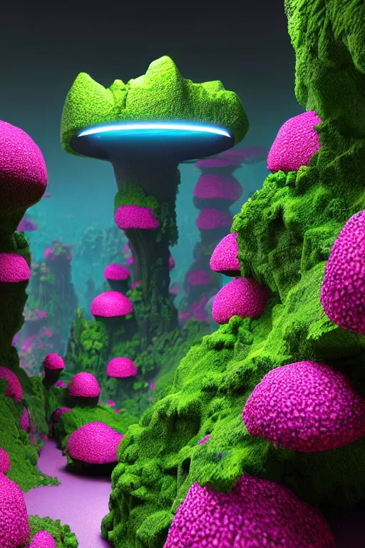 Prompt: a ultra - realistic massive volume cave with bright coloured natural flowers and ferns : 4, a miniature tiny futuristic city : 5, overlooking an endless plain with pink lightning clouds : 4, highly symmetrical, balanced, octane render, in the style of sahm : 3 hd, 4 k, ultra - realistic, in unreal engine