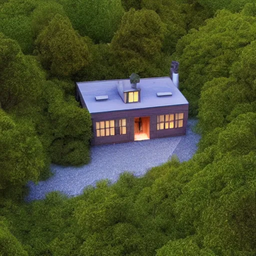 Prompt: cottage in clearing surrounded by trees, it is night, the windows are lit, concept art, aerial view