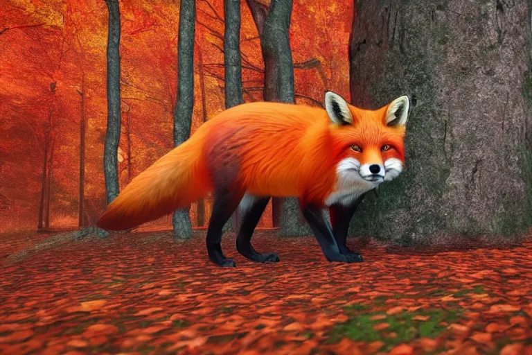 Image similar to super detailed color lowpoly art, red fox in an autumn maple forest, unreal engine, retrowave color palette, 3 d render, lowpoly, colorful, digital art, perspective