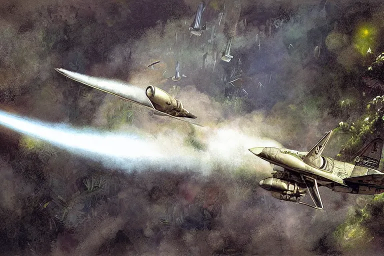 Prompt: dieselpunk digital illustration of a rocket fighter breaking the sound barrier low across a tropical rainforest by jean - baptiste monge