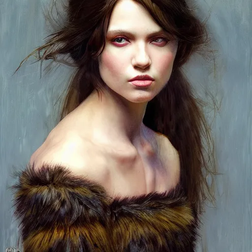 Image similar to of a beautiful brunette women intricate skin, fur, silicone cover, elegant, peaceful, full body, hyper realistic, extremely detailed, dnd character art portrait, fantasy art, intricate fantasy painting, dramatic lighting, vivid colors, deviant art, artstation, by edgar maxence and caravaggio and michael whelan and delacroix