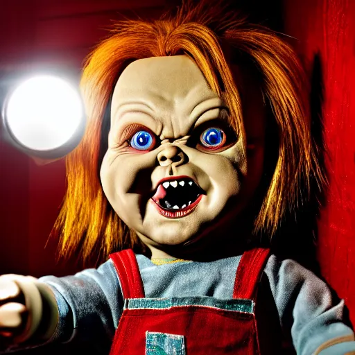 Image similar to Chucky the killer doll sitting in a dark closet with a little light shining in 8k hdr scary lighting