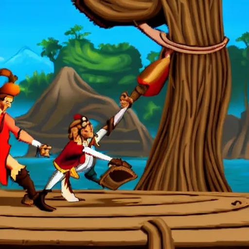 Prompt: monkey island game, guybrush swordfighting with jack sparrow