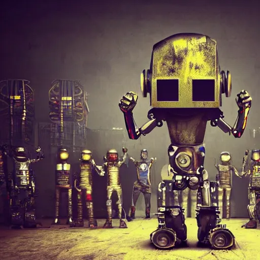Prompt: a realistic crazy robot wearing a welding helmet, welding helmet head, one fist raised high in triumph, raised fist, standing in front of many large robots inside a huge rusty dingy warehouse, army of big robots, raygun gothic, atomic punk, digital art, detailed render