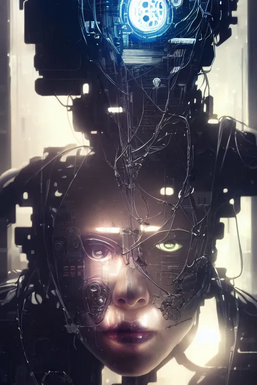 Prompt: cyborg removing its human mask revealing wires and gears behind its fragile looking face, white mask, futuristic, y2k aesthetic, dramatic lighting, illustration by Greg rutkowski, yoji shinkawa, 4k, digital art, concept art, trending on artstation