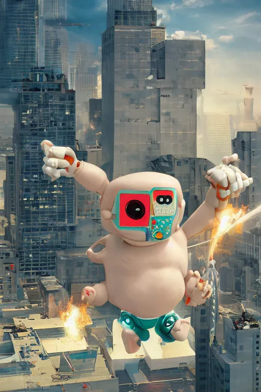 Image similar to evil giant baby with a robo arm and a robo eye in a diaper is taller than office buildings, goes destroying buildings under his feet, art, illustration, 3 d, render