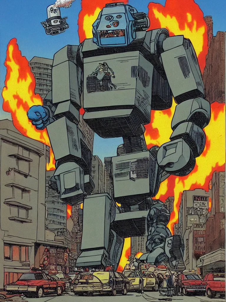 Prompt: an full body Giant classic robot walking down the street, holds a massive glazed donut to its mouth, a building is on fire smoking and a crushed car is under the foot of the giant robot by Richard Corben