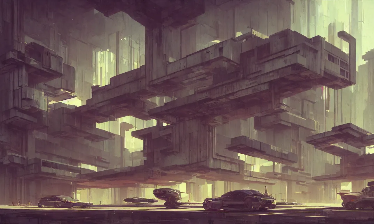 Prompt: brutalist architecture by le corbusier, colorful neon lighting, greg rutkowski, syd mead, concept art, matte painting, highly detailed, rule of thirds, dynamic lighting, cinematic, detailed, denoised, centered