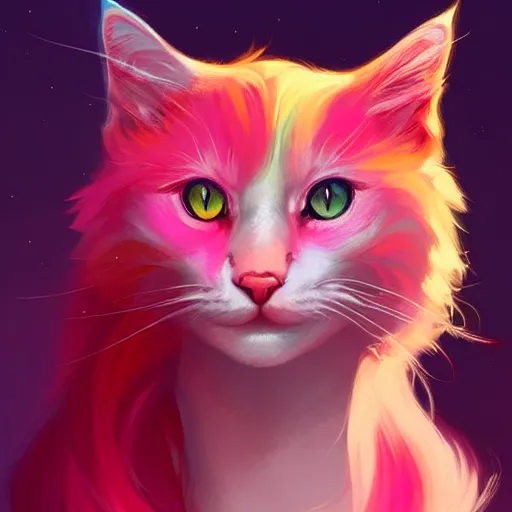 Image similar to colorful and festive cat with pink hair,. rich vivid colors, ambient lighting, dynamic lighting, 4 k, atmospheric lighting, painted, intricate, highly detailed by charlie bowater