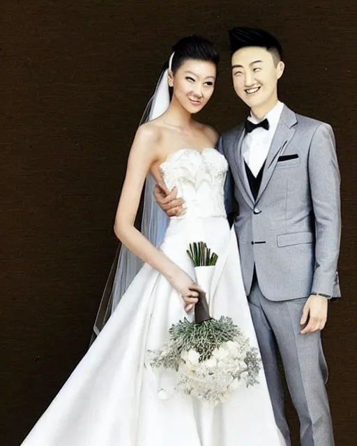 Prompt: justin sun wearing beautiful wedding dress