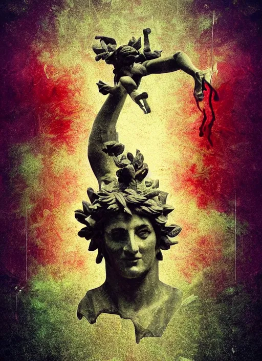 Prompt: elegant dark design poster showing a large greco roman statue of dionysus, black background with very subtle red and purple design elements, bold, powerful, nekro, vito acconci, thin straight purple lines, dark, glitch art, neo vaporwave, gritty, layout frame, square, trending on artstation