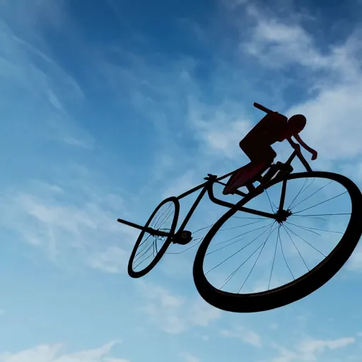 Image similar to A flying bike, the bike is flying in the air, the photo was taken from the ground looking up at the sky, realistic, ultra high detail, 8k.