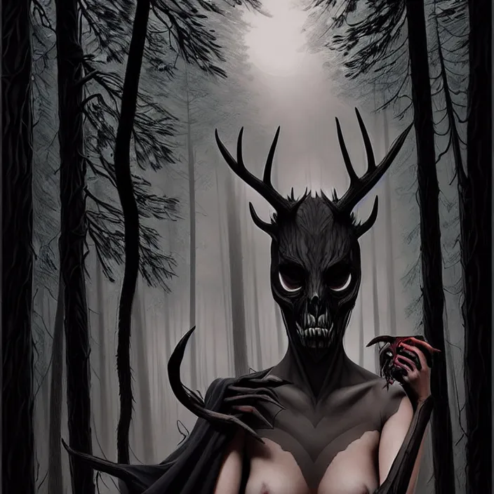 Image similar to style artgerm, joshua middleton, diego fazio, gerald brom : : scary wendigo with antlers and skull face mixed with werewolf : : [ beautiful witch wearing a black dress, symmetrical face, on the right side ] : : in the forest, detailed, dark and foggy, cinematic lighting